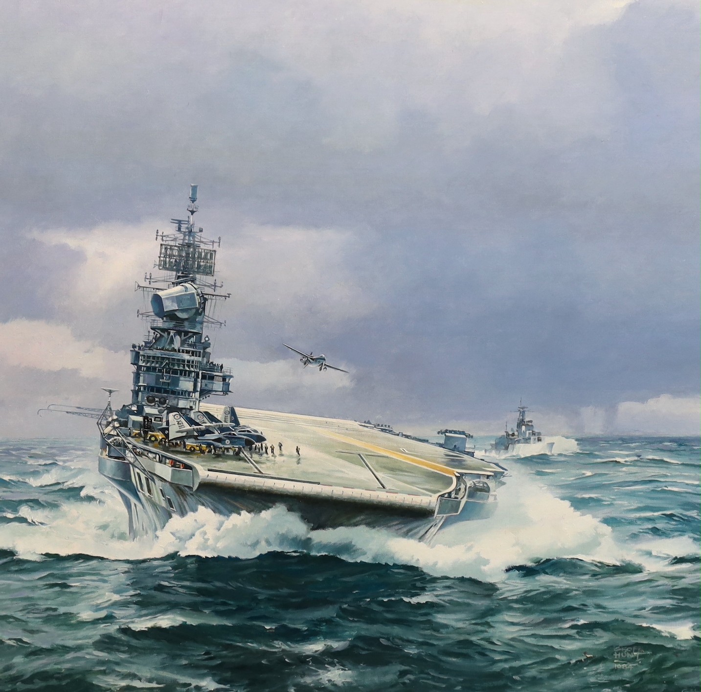 Geoff Hunt PPRSMA (British, 1948-2008), Royal Naval aircraft carrier at sea, oil on canvas board, 44 x 44cm